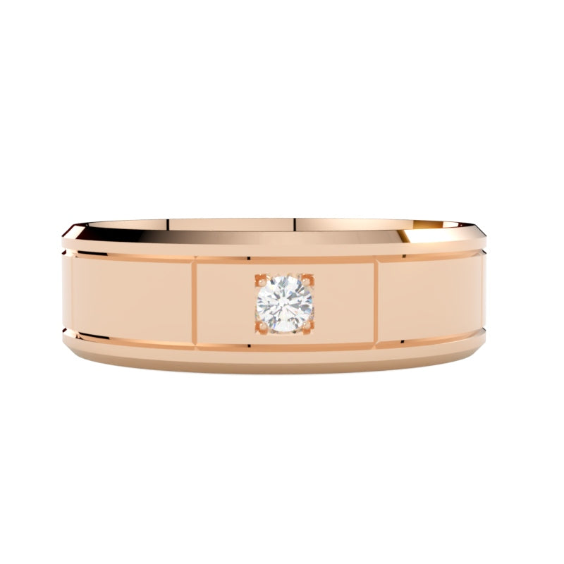 Obrączka premium z diamentem, złoto różowe 585, szerokość 8 mm, profil płaski fazowany, soczewkowa, GOLDPORT